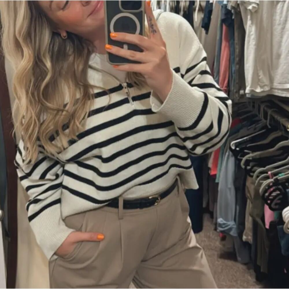 Marissa Webb Striped Quarter Zip Sweater SMALL Fold Over Oversized Nautical $265 - Picture 3 of 15